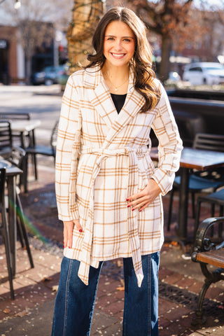 White & taupe plaid coat