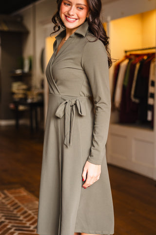 Olive LS surplice dress