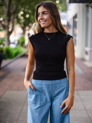 Funnel neck cap sleeve scrunch knit top