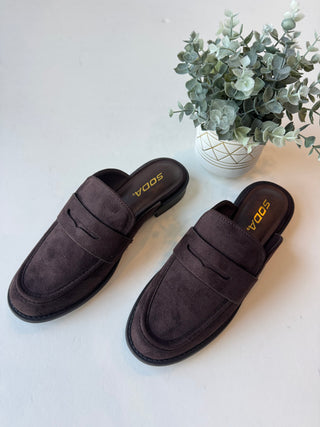 Dark brown faux suede slip on loafers