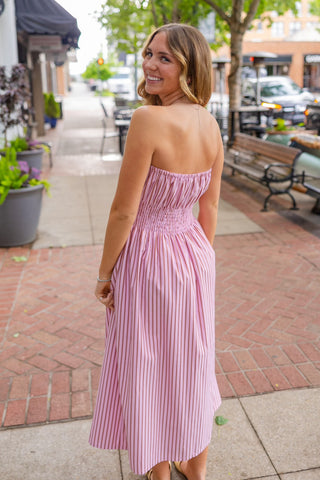Pink & camel stripe strapless dress