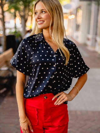 Black polka dot bubble sleeve blouse