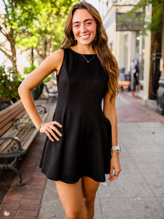 Black Faux Suede Fit-and-Flare Dress