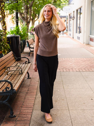 Mocha Textured Cap-Sleeve Mock-Neck Top