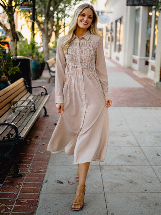 Brown striped LS shirred midi dress