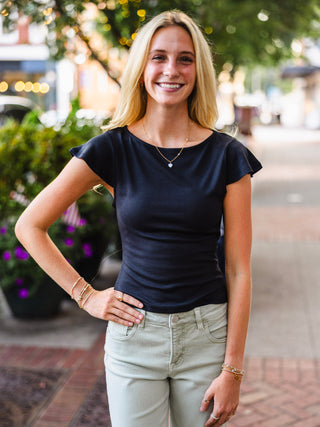 Black boat neck flare sleeve top
