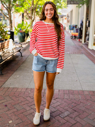Red & White Striped Textured Pullover