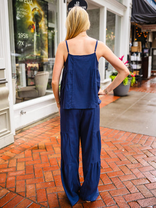 Navy Linen Tiered Pants
