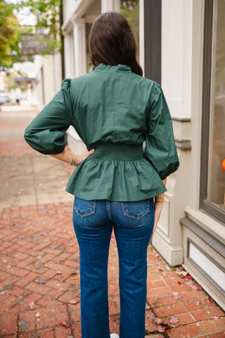 Sea green smocked zip front top