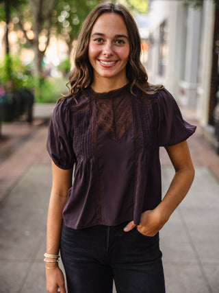 Brown lace trim pintuck puff sleeve blouse