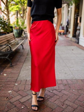 Red satin midi skirt