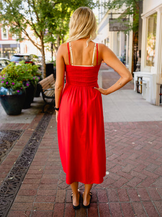 Red smocked bodice midi dress