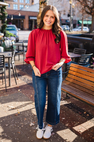 Burgundy ruffle trim blouse