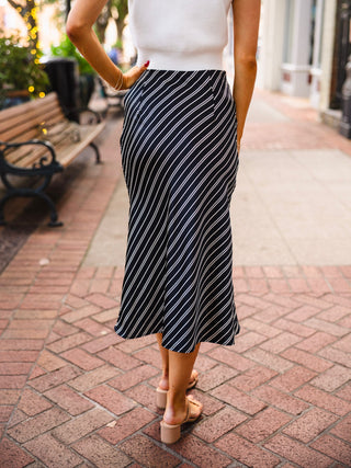 Black striped satin midi skirt