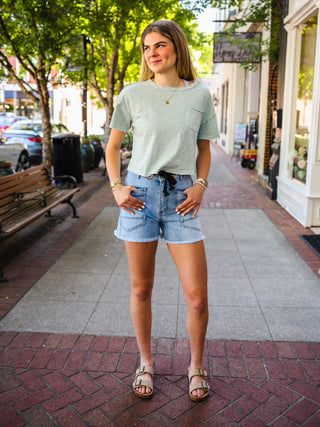 Rope tie denim shorts