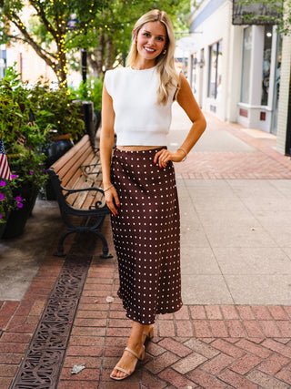 Brown polka dot satin midi skirt