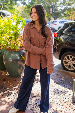 Chestnut waffle button up shacket