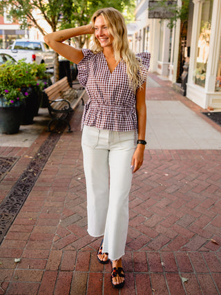 Gingham Ruffle Sleeve Peplum Top