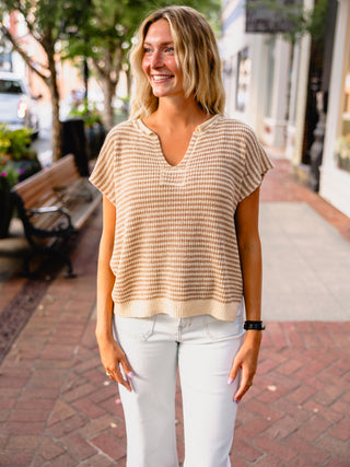 Taupe stripe split neck sweater