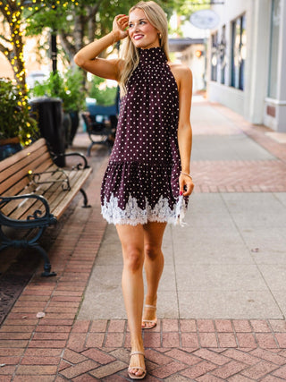 Entro brown polka dot pace trim halter neck dress