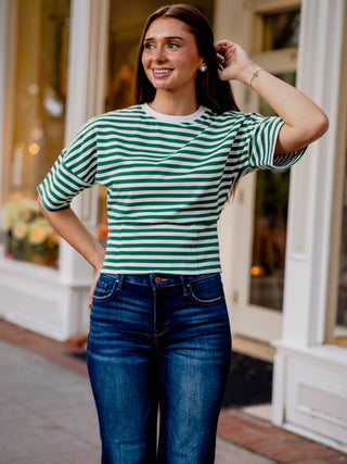 Green & white stripe fitted waist tee