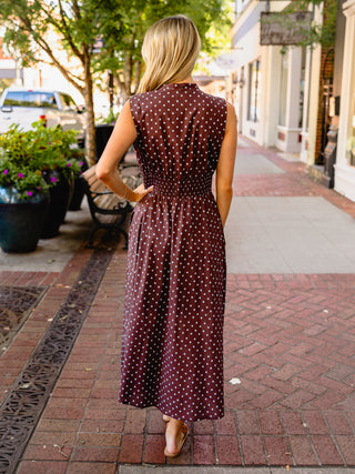 Brown polka dot front zip midi dress