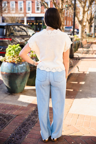 Button front, scallop trim crochet sweater