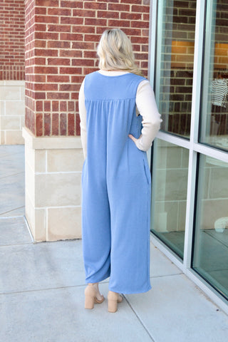 Denim blue ribbed jumpsuit