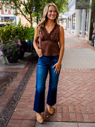 Satin jacquard lace trim top