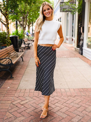 Black striped satin midi skirt