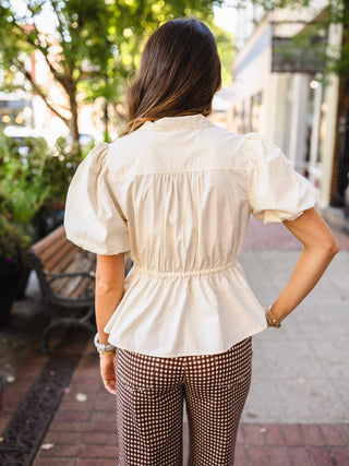 Ecru Puff-Sleeve Tie-Waist Blouse