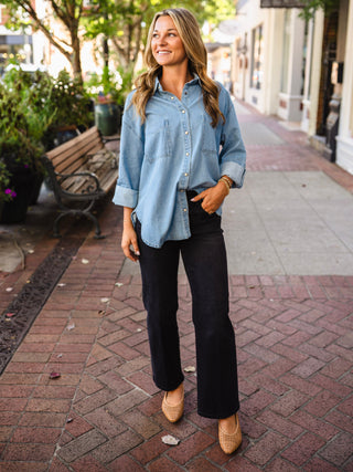 Collared button down western denim shirt