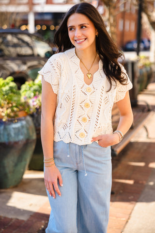Button front, scallop trim crochet sweater