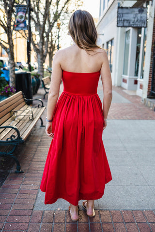 Red strapless midi dress