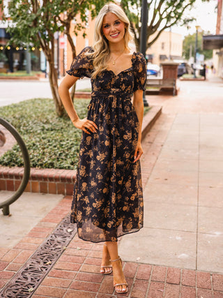 Black floral print midi dress