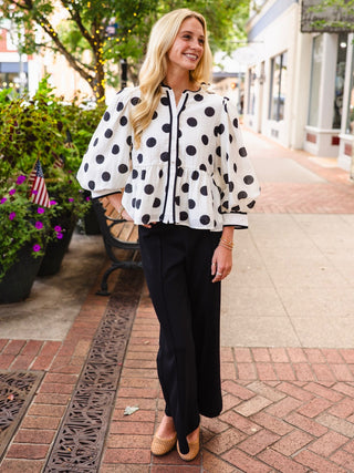 White polka dot button down peplum top