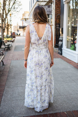 Blue floral print tie strap maxi dress