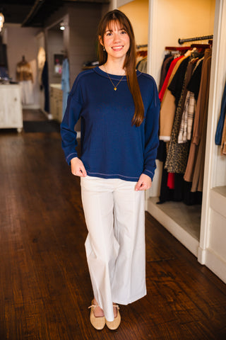 Crew neck ribbed LS top