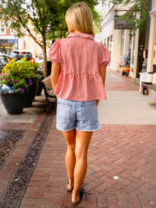 Check button front puff sleeve blouse