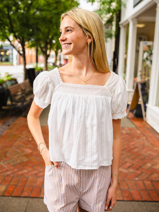 White Puff Sleeve Square Neck Eyelet Trim Top