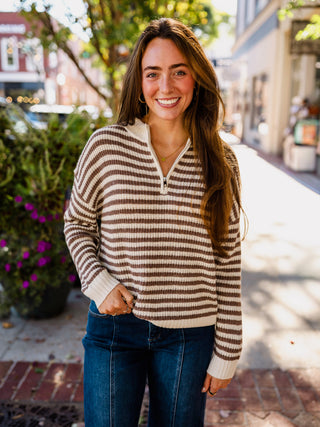Mocha striped half zip pullover