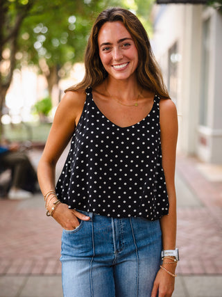 Black polka dot braided strap top