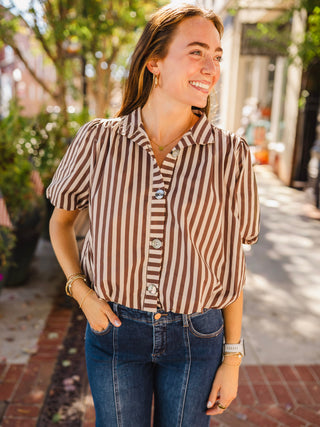 Brown stripe puff sleeve bubble hem blouse