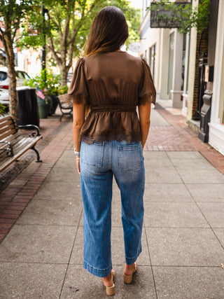 Brown satin lace trim peplum top