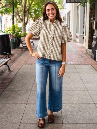 Olive check short puff sleeve blouse