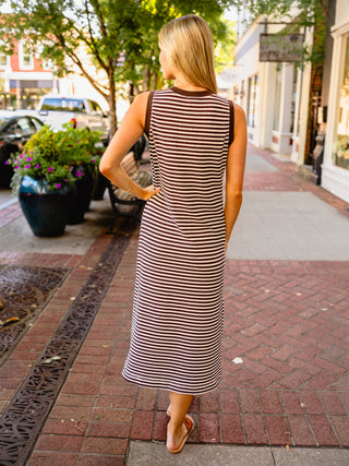 Brown Stripe Henley Sleeveless Midi Dress