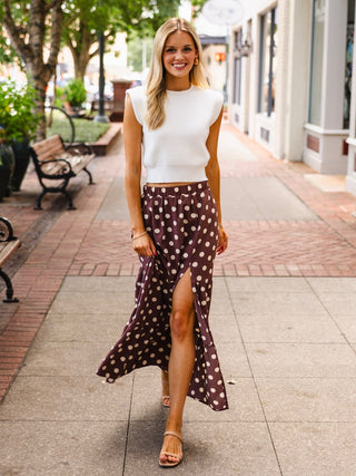 Brown and cream polka dot skirt