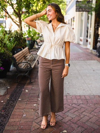 Brown check print wide leg pants