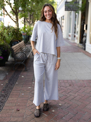 Heather Grey & White Stripe Cropped Pants