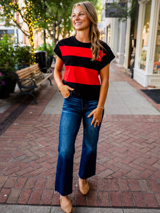 Red & black striped cap sleeve top